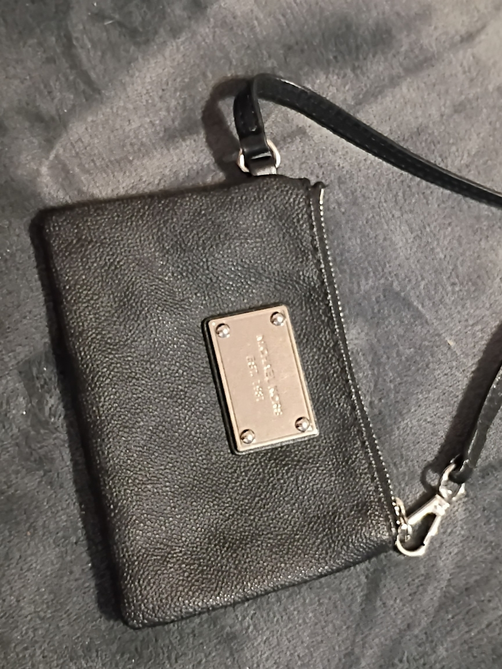 Michael Kors Black Pebbled Leather Wristlet with Silver Plate